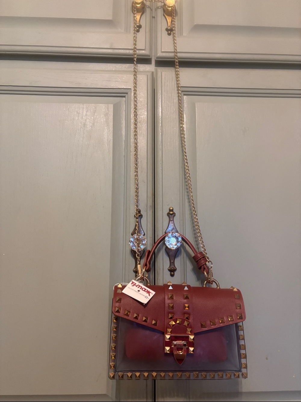 Burgundy Studded Clear-Trim Crossbody Bag with Gold Chain